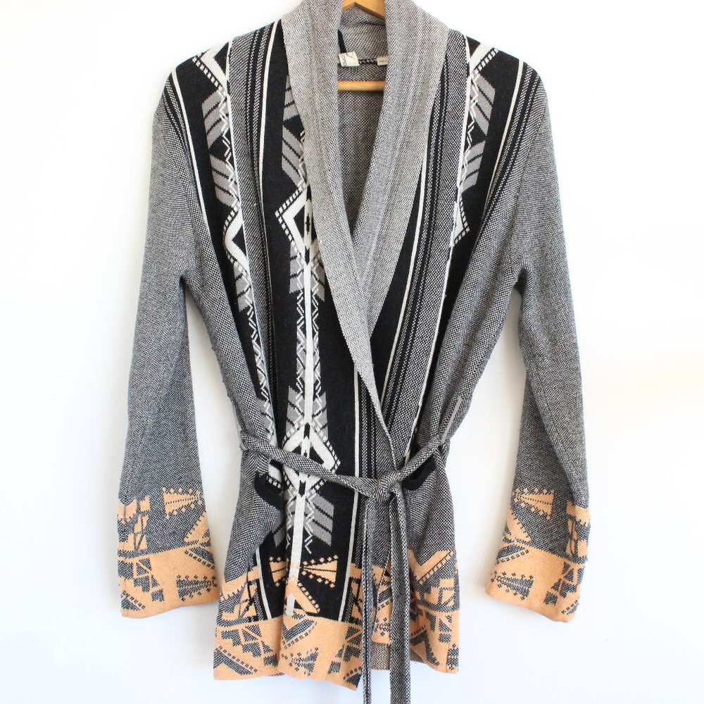 Konrad + Joseph Womens Cardigan Sweater Aztec Geo Tie Waste Black Gray Tan Sz M